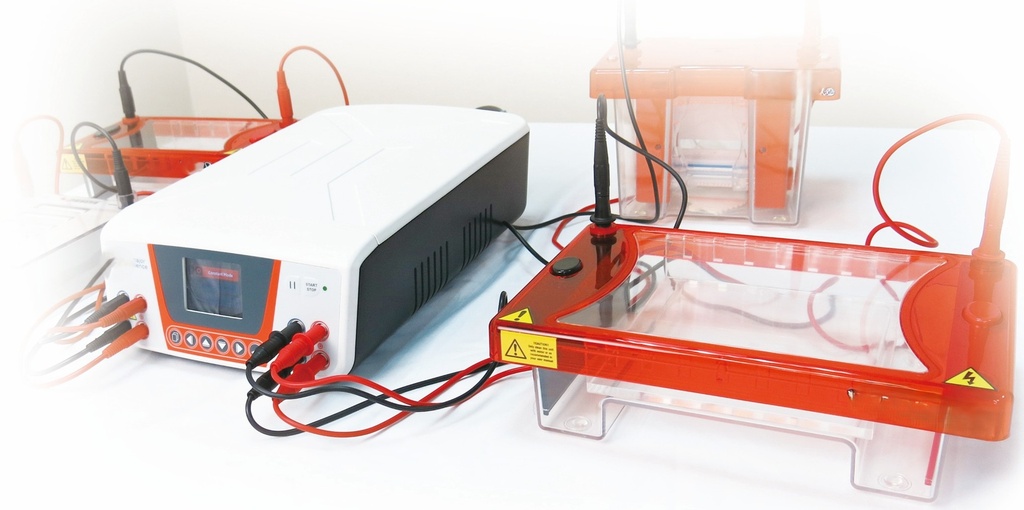 SafeBlue Electrophoresis System, including SafeBlue illuminator, electrophoresis gel tanks, amber filter lid, image enhancer film and red/black cable